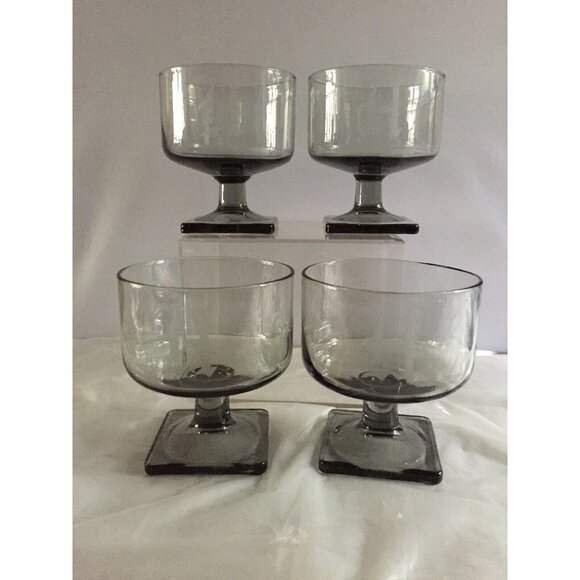 4 Square Base Smoke Glasses Monogram H Atomic Cocktail Bar Ware Vtg Mid Century - Picture 3 of 6